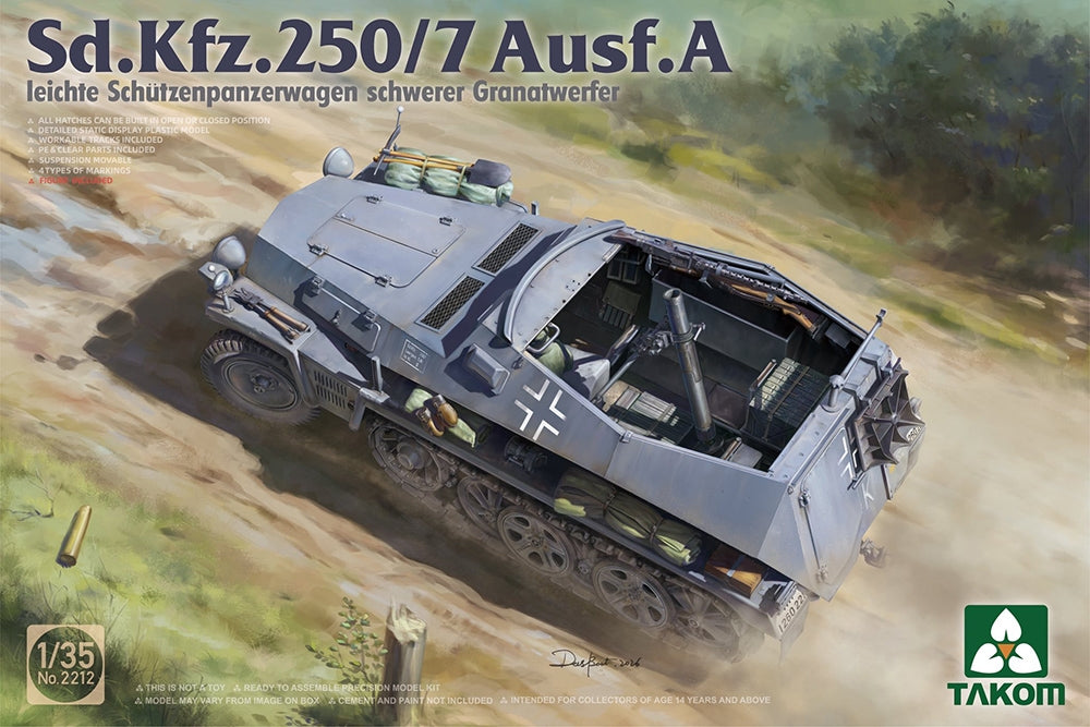 Model of Sd.Kfz.250/7 Ausf.A tank on a desert landscape with Takom branding.