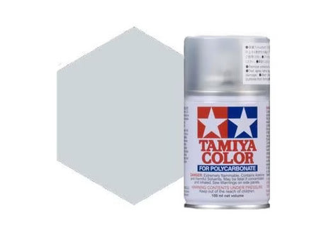 A can of Tamiya PS-48 polycarbonate semi gloss silver anodized Colour spray paint  shown next to a large light gray colour swatch on a white background.