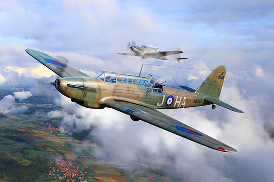 Two vintage airplanes flying over a landscape with clouds in the background