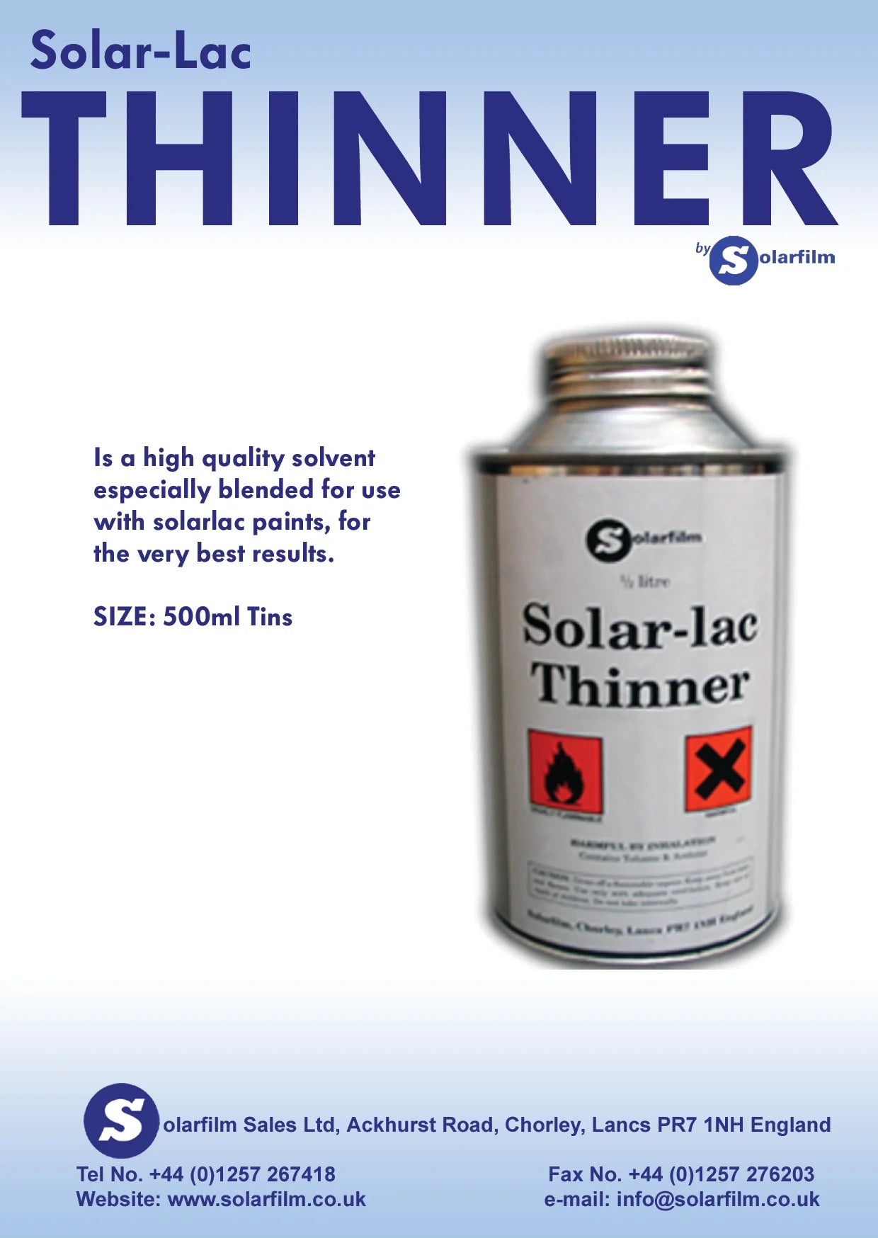 Advertisement for Solar-Lac Thinner with a can of thinner on a white background