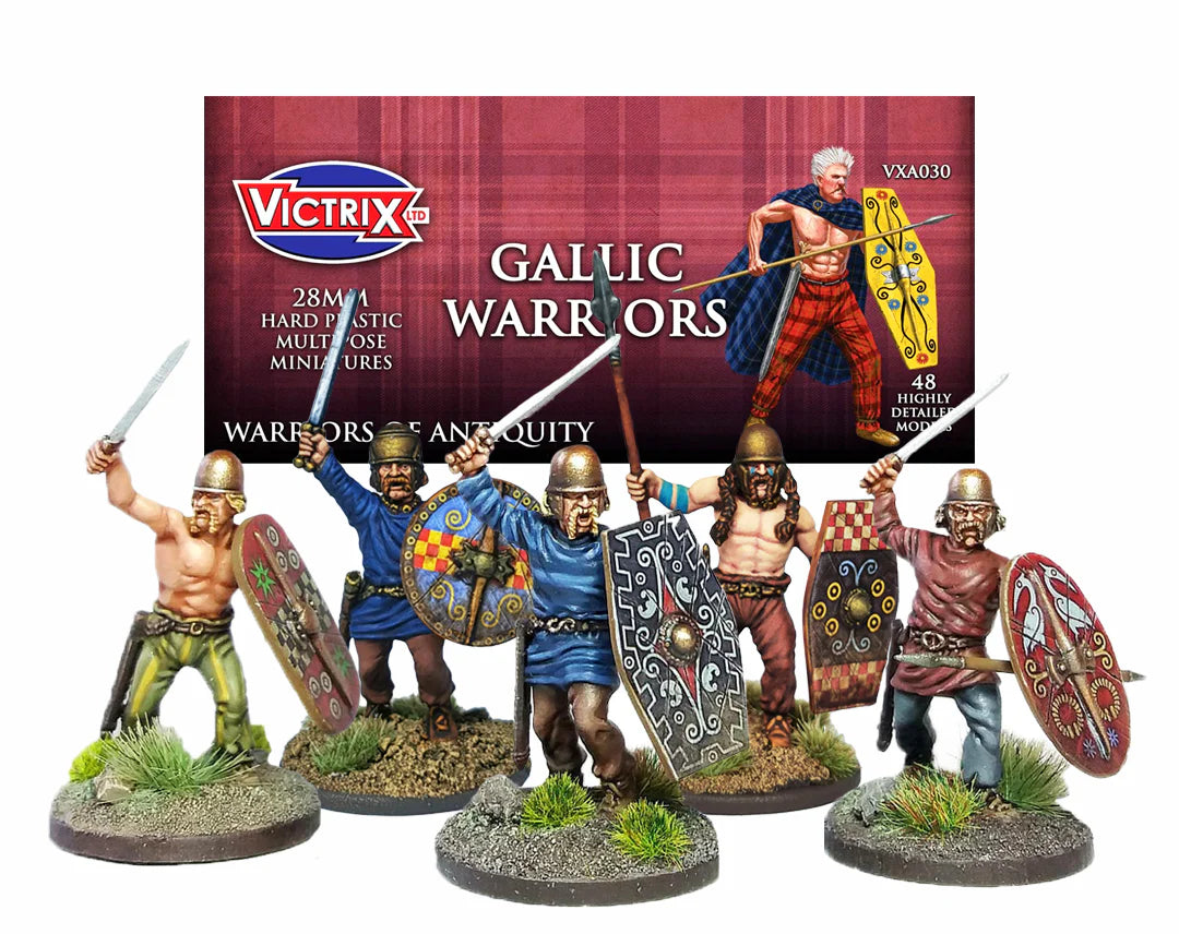 Victrix Gallic Warriors figurine set with packaging on a white background