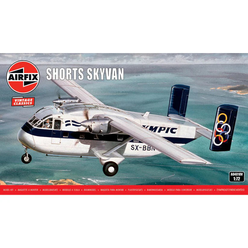 Airfix Vintage Classics Shorts Skyvan model kit box art, showing a silver and navy blue twin-engine propeller aircraft flying over water, with the Airfix logo and 'SHORTS SKYVAN' text on the packaging.