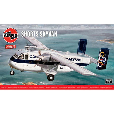 Airfix Vintage Classics Shorts Skyvan model kit box art, showing a silver and navy blue twin-engine propeller aircraft flying over water, with the Airfix logo and 'SHORTS SKYVAN' text on the packaging.