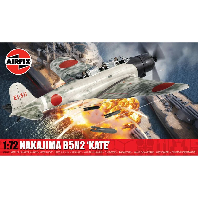 Airfix 1:72 scale model kit box art for the Nakajima B5N2 'Kate' fighter plane, showing the aircraft in flight over a naval battle scene with explosions and ships.