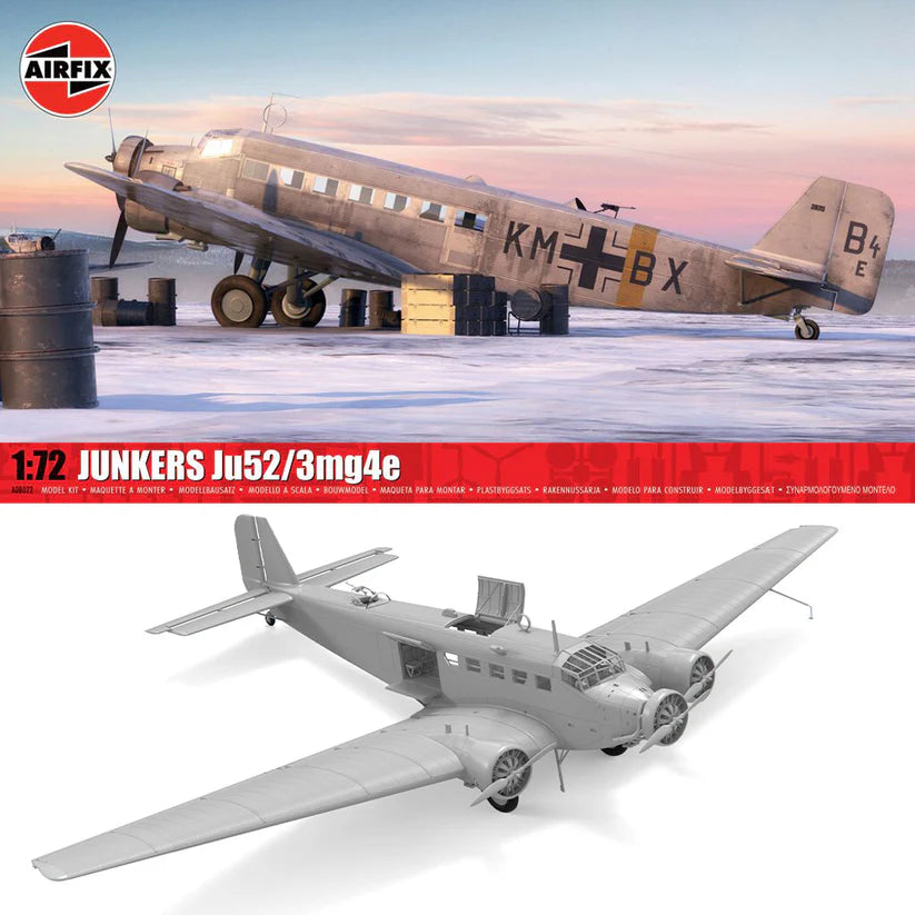 Airfix 1:72 scale model kit of a Junkers Ju52/3mg4e airplane, showing both the unpainted grey plastic model and a painted reference photo of the aircraft on a snowy background.