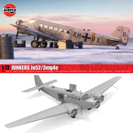 Airfix 1:72 scale model kit of a Junkers Ju52/3mg4e airplane, showing both the unpainted grey plastic model and a painted reference photo of the aircraft on a snowy background.