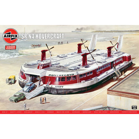 Model kit box for Airfix SR N4 Hovercraft with a beach scene background