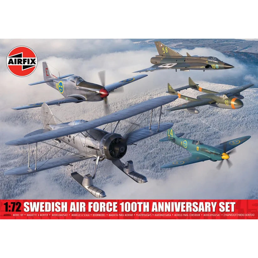 Airfix 1:72 Swedish Air Force 100th Anniversary Set model kit box front cover, showing four vintage military aircraft flying over a snowy landscape.