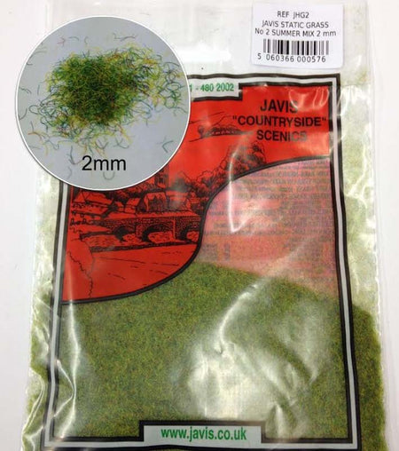 Javis 'Countryside' Scenics No 2 Summer Mix 2mm static grass in a clear plastic bag with a red and black label, featuring a circular inset showing the 2mm grass texture.