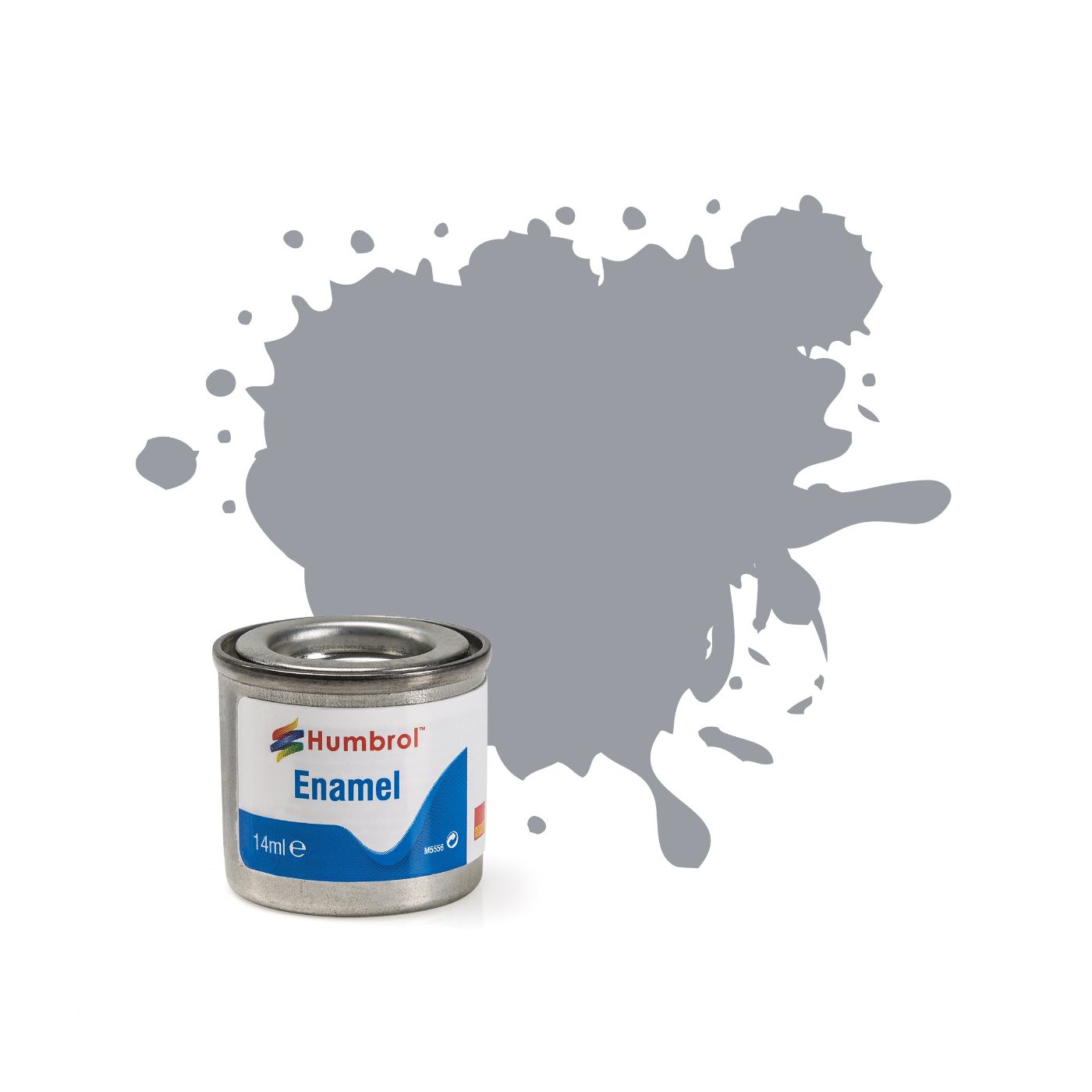 A can of Humbrol Enamel paint shown in front of a large gray paint splatter on a white background.