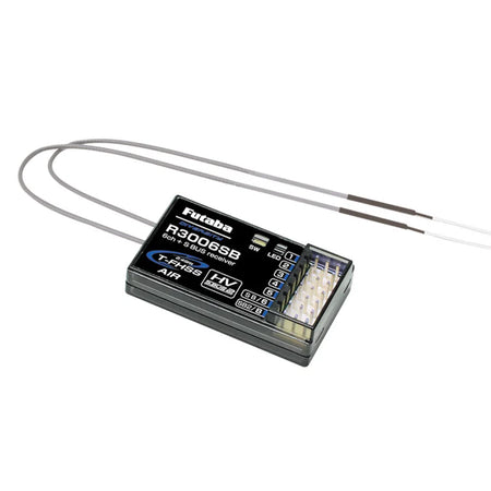 A Futaba R3006SB radio transmitter receiver with grey control cables, shown on a plain white background.