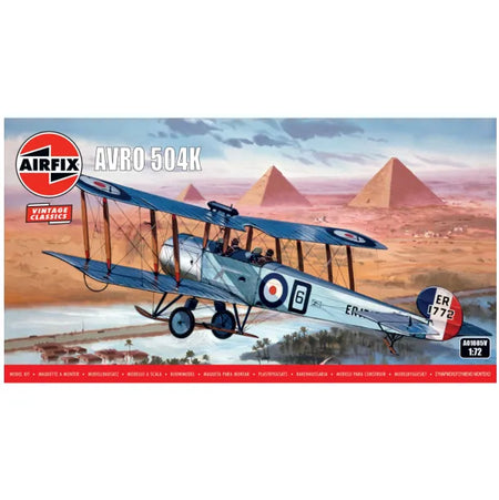 Airfix Avro 504K model kit box front cover, showing a vintage biplane flying over a desert landscape with pyramids in the background. The Airfix logo and product details are visible on the box.