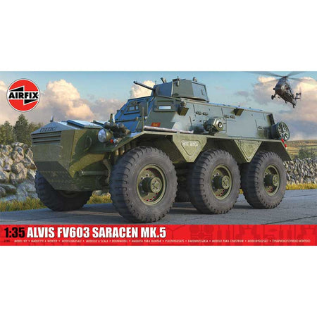 Model kit of an Alvis FV603 Saracen MK.5 with Airfix logo on a scenic background