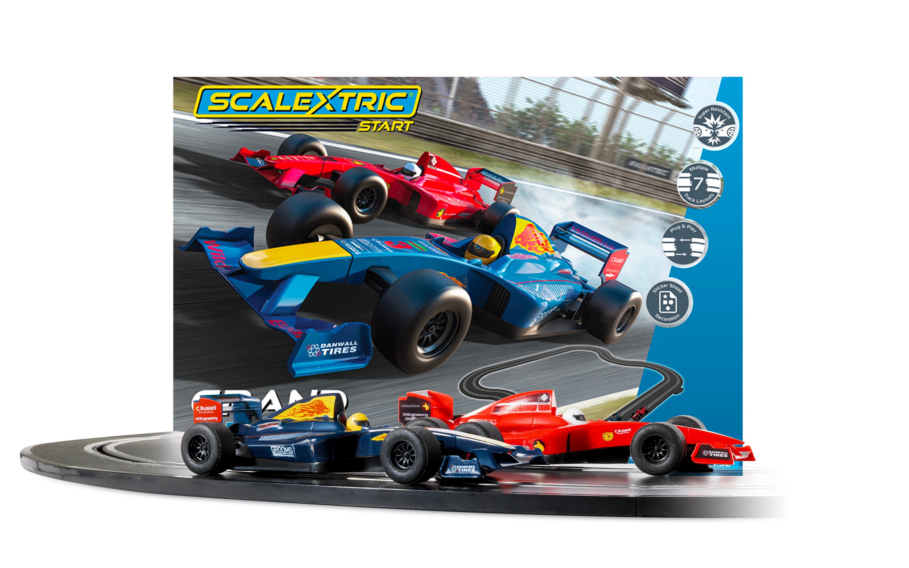 Scalextric Start slot racing set with twoo miniature Formula 1-style cars on a curved track, shown in front of its retail box on a white background.