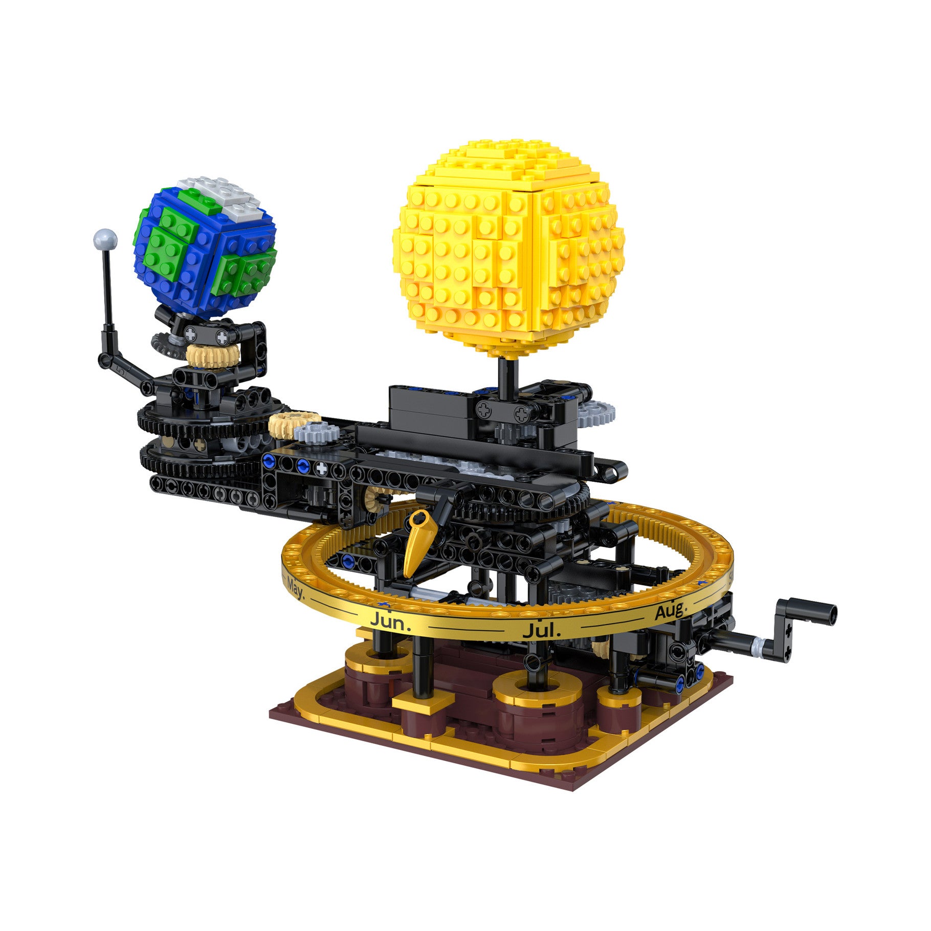 Brick model of a space station with a yellow sphere and smaller blue and green structure on a white background
