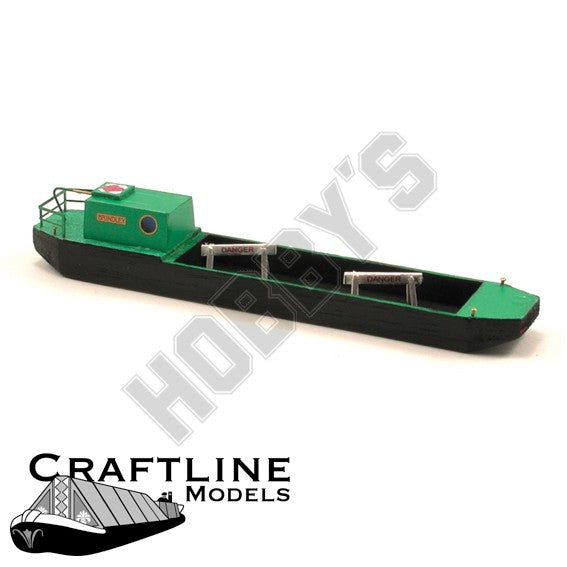 A miniature model of a canal maintennce narrow boat with a green cabin and deck, a black hull, and small silver metal details, shown on a white background with a Craftline Models logo 