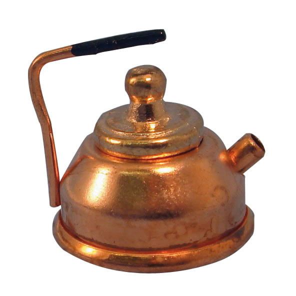 Copper kettle for dolls house with a black handle on a white background