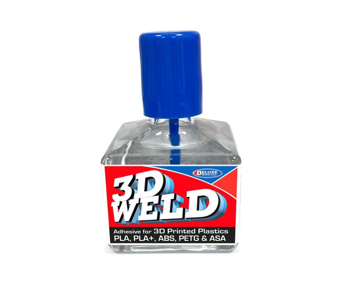 A bottle of 3D Weld Deluxe adhesive for 3D printed plastics, featuring a clear plastic bottle with a blue cap and a red, white, and blue label.