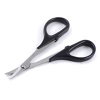 Pair of black-handled curved scissors on a white background