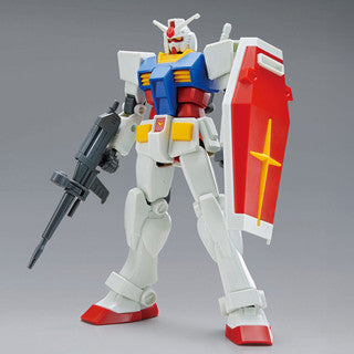 Model kit of a Blue and white bodied Gundam Mecha with a red and white shield on a gray background