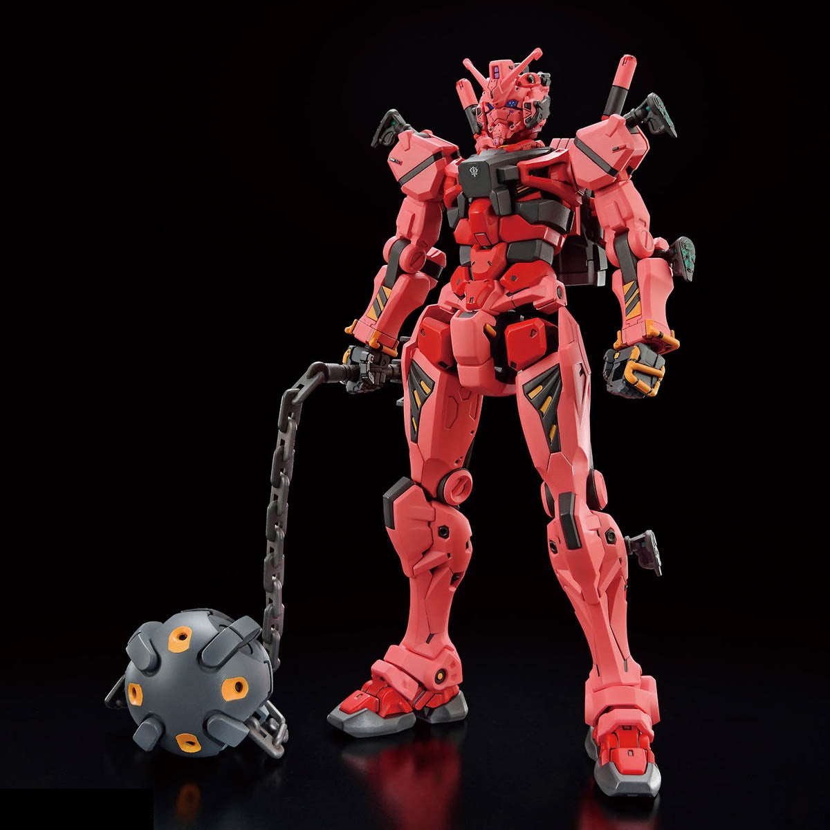 Red Gundam Mecha posing with a mecha sized morningstar weapon.