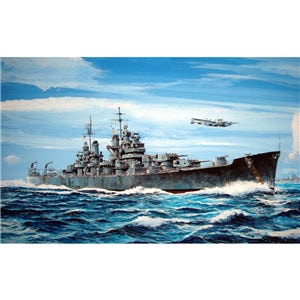 A painted naval scene showing US Navy USS Baltimore cutting through blue ocean waves under a bright blue sky, with a small airplane flying overhead.