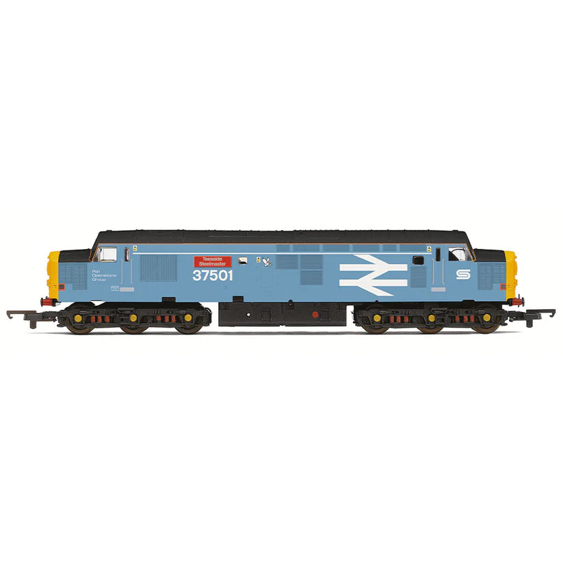 Model train with blue body and yellow front on a white background