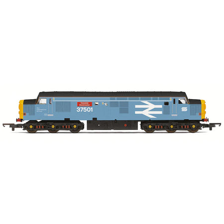 Model train with blue body and yellow front on a white background