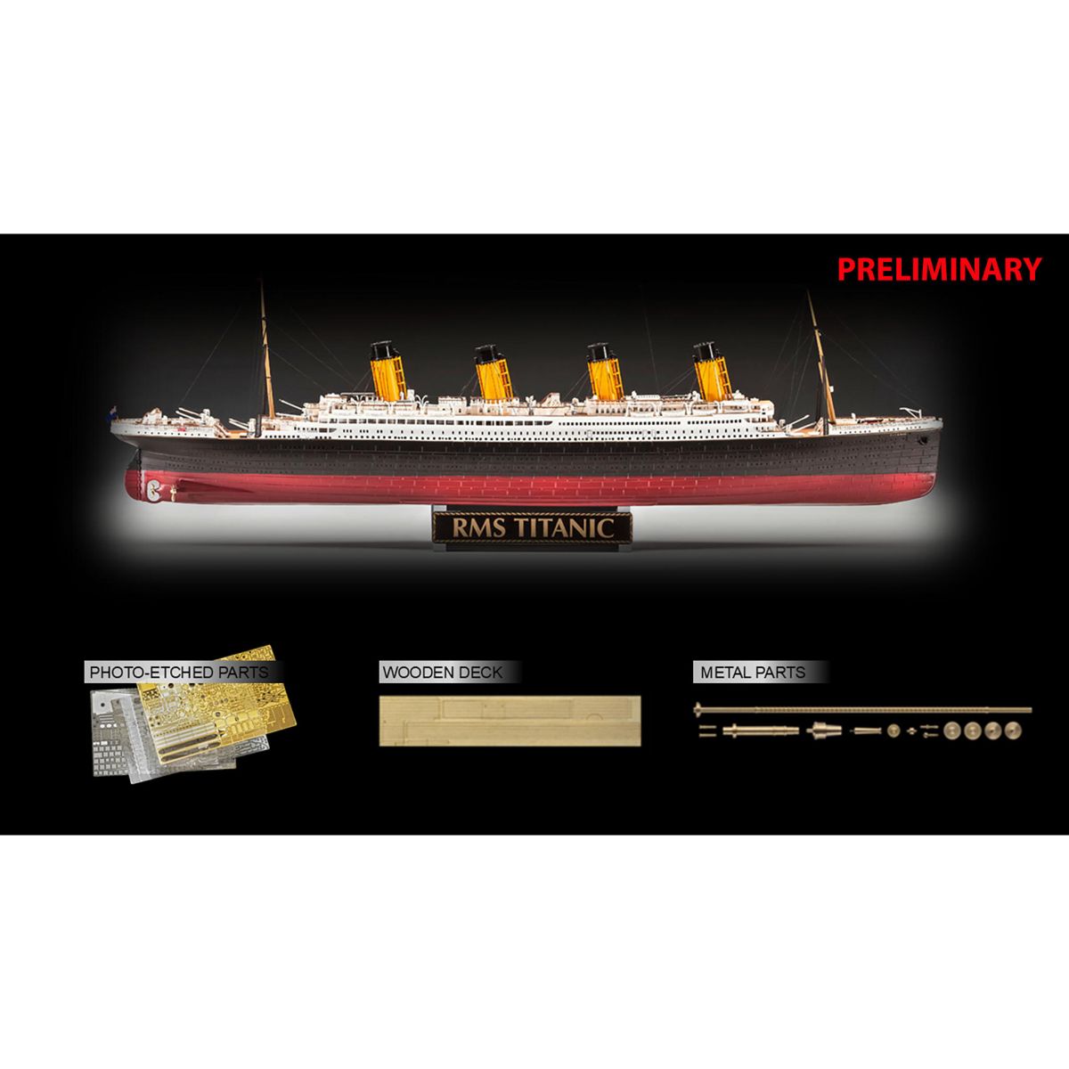 Model of the RMS Titanic with components like photo-etched parts, wooden deck, and metal parts displayed below.