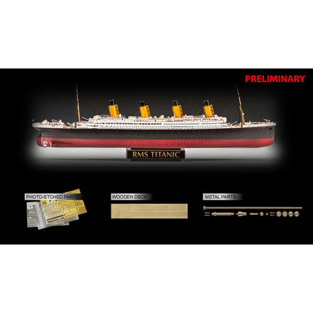 Model of the RMS Titanic with components like photo-etched parts, wooden deck, and metal parts displayed below.