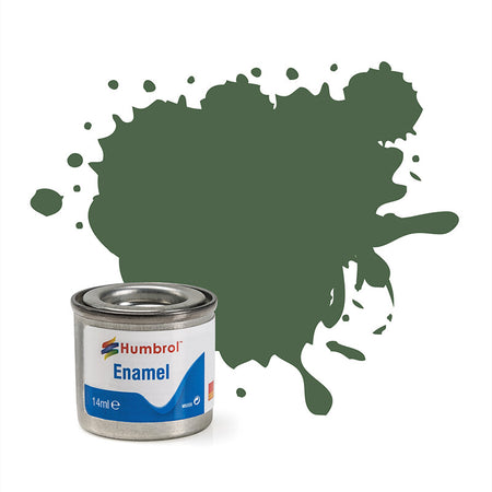 Humbrol enamel paint can with a dark green paint splatter on a white background