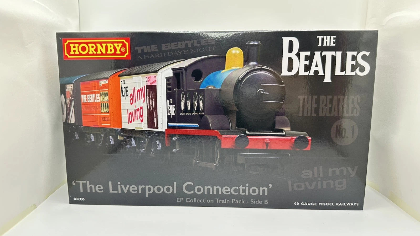 Hornby The Beatles 'The Liverpool Connection' model train pack  packaging on a white background