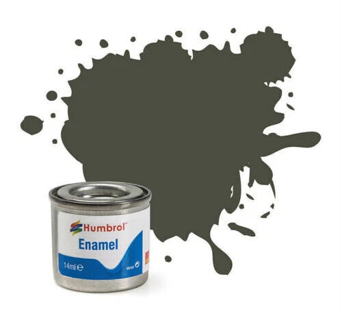 Humbrol enamel paint can with a dark matt green  paint splatter on a white background