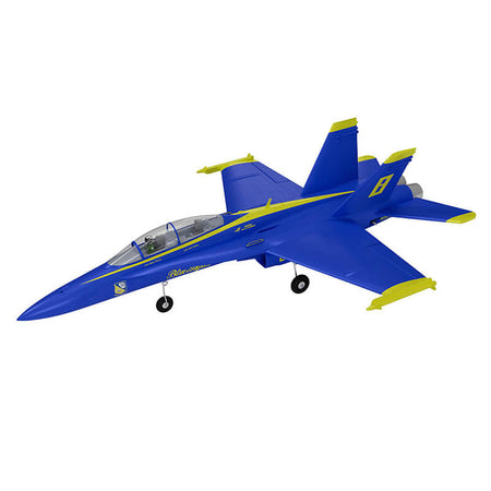 Radio controlled blue and yellow scale model jet on a white background